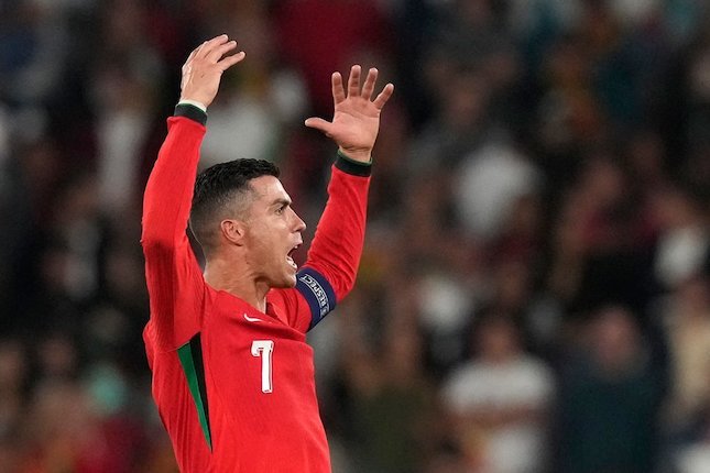 Selebrasi Cristiano Ronaldo dalam laga UEFA Nations League antara Portugal vs Skotlandia, Senin (9/9/2024)