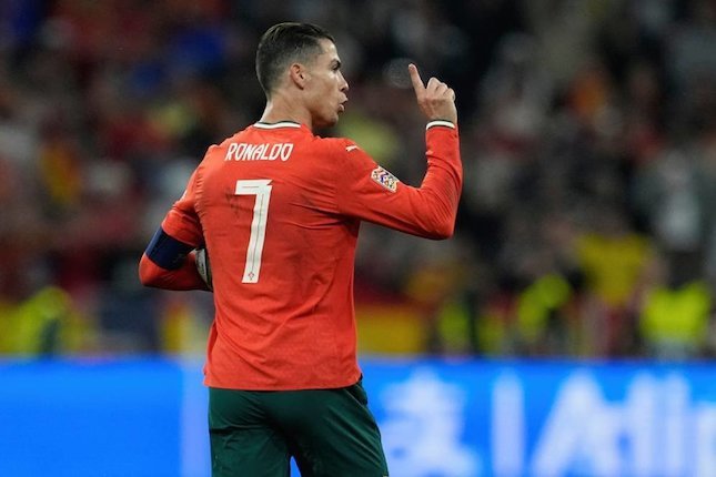 Cristiano Ronaldo merayakan gol dalam pertandingan final Nations League antara Portugal vs Spanyol di Allianz Arena, Senin, 9 Juni 2025