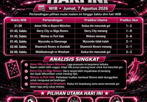 Prediksi Bola Hari Ini — Jumat, 7 Agustus 2026 (WIB)