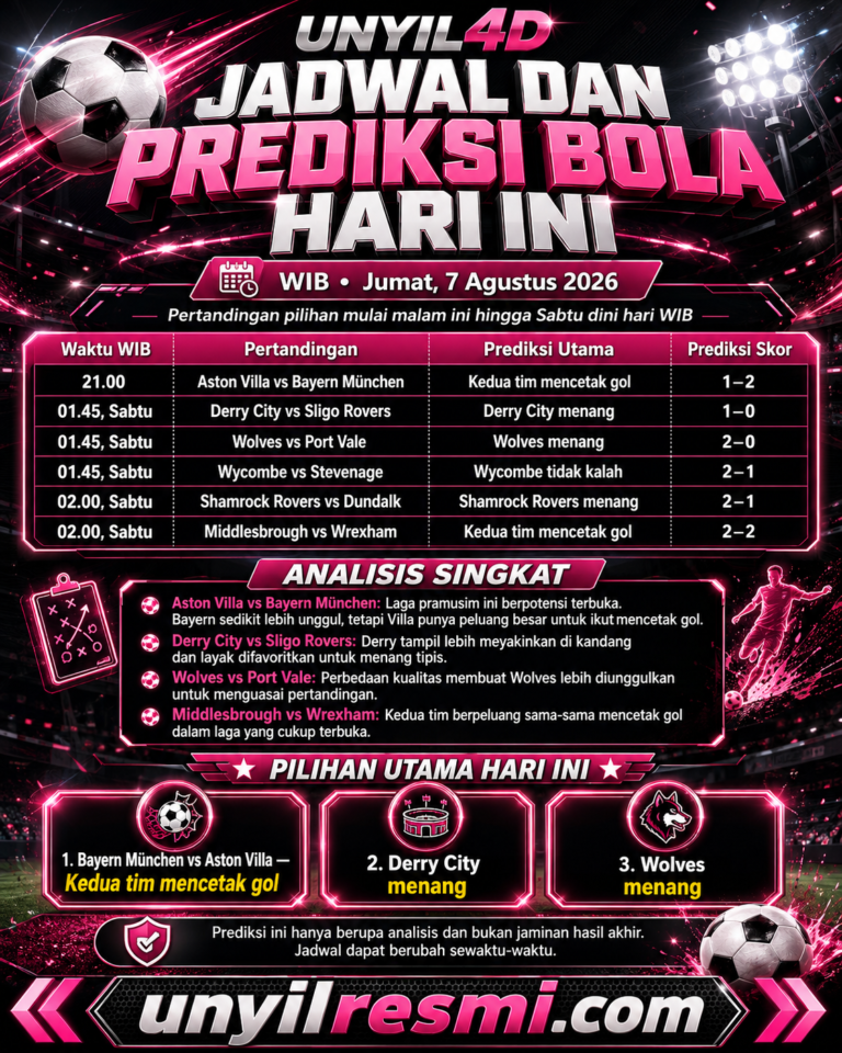 Prediksi Bola Hari Ini — Jumat, 7 Agustus 2026 (WIB)