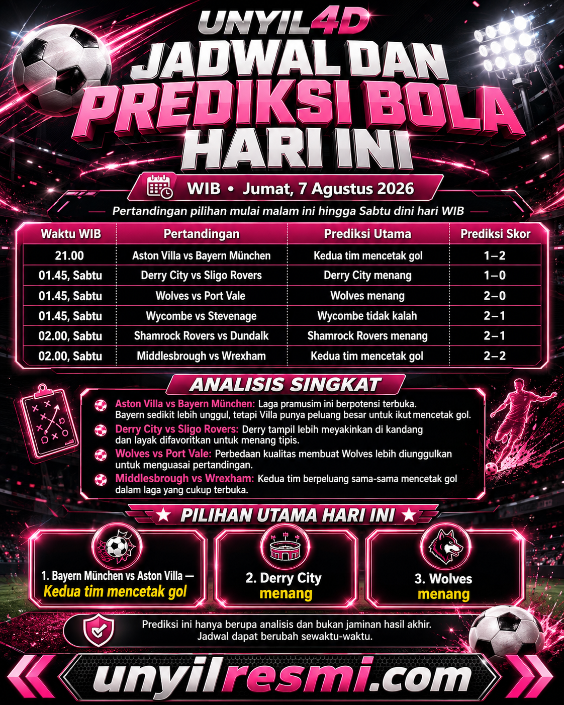 Prediksi Bola Hari Ini — Jumat, 7 Agustus 2026 (WIB)